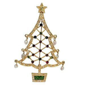 Avon 2005 2nd Annual Goldtone Rhinestone Clear Dangle Bulb Christmas Tree Brooch